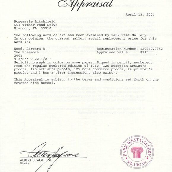 Barbara A. Wood “ The Ensemble” Serio Lithograph Hand Signed - Picture 8 of 9